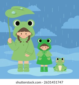 ilustração estação chuvosa com amigos vestindo capa de chuva de rã e rã