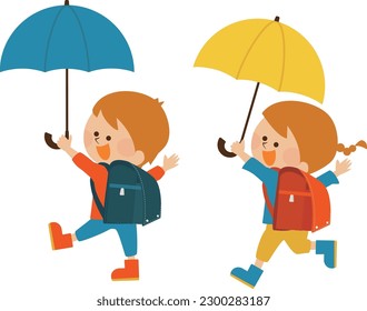 Rainy season Illustration material of a boy and a girl holding an umbrella - Shutterstock ID 2300283187