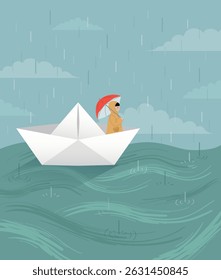 Ilustração da estação chuvosa com uma pessoa usando um guarda-chuva em um barco de papel em um dia chuvoso