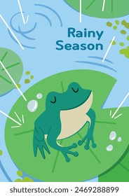 Rainy season illustration poster. A frog is enjoying rain drops on a lotus leaf. Cartoon style vector template. 