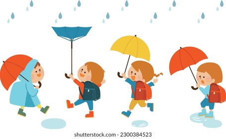 Rainy season Illustration set of children holding umbrellas - Shutterstock ID 2300384523
