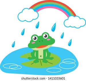 Rainy season. Image illustration of a frog said under a rainbow