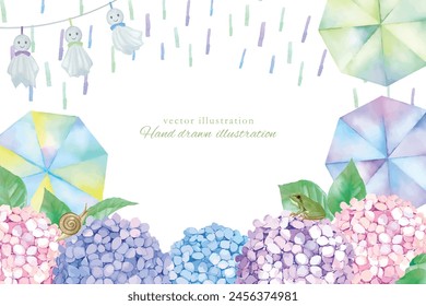 Rainy season image material with watercolor hand-painted hydrangeas