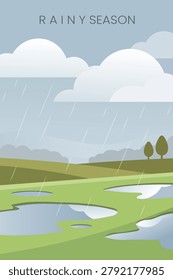 Rainy season landscape with rain falling on green fields and puddles