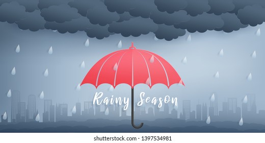 Rainy Season Objects and Elements in Paper Cut Style in Panoramic Background, Rain Clouds, Umbrella, and City, Postcard, Poster, Banner, Advertising Template Vector Illustration