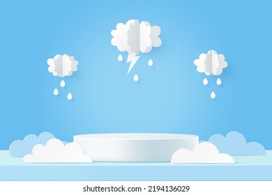 Rainy season, Paper cut of monsoon sale banner template. 3D white cylinder pedestal podium and cloud on blue background.Vector illustration.