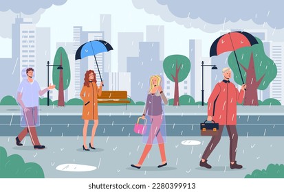 Rainy season people under umbrella city weather concept. Vector graphic design illustration
