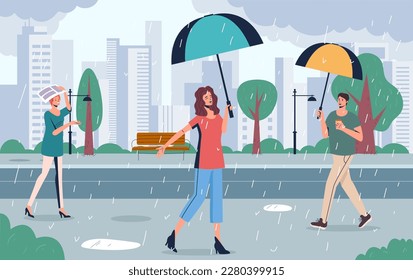 Rainy season people under umbrella city weather concept. Vector graphic design illustration
