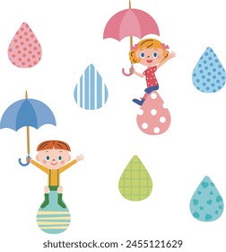 Rainy season rain pattern and children holding umbrellas