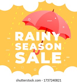 Rainy season sale with red umbrella on yellow background banner.