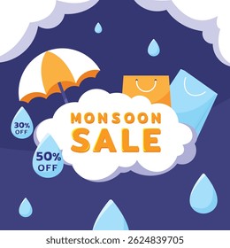 Rainy season sale vector with umbrella, shopping bags, and discount labels. Monsoon promotion banner design for online shopping, e-commerce, and seasonal offers.