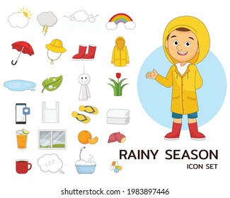 Iconos planos del concepto de la temporada de lluvia