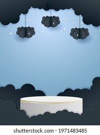 Rainy season theme product display podium. Design with clouds and raining drops on blue sky background. paper art style. vector.