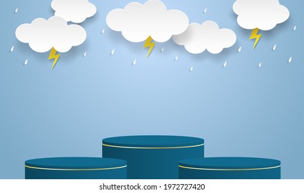 Rainy season theme product display podium. Design with clouds and raining drops on blue sky background. paper art style. vector.