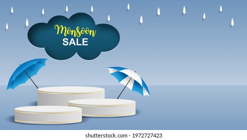 Rainy season theme product display podium. Design with clouds and raining drops on blue sky background. paper art style. vector.