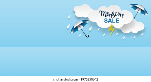 Rainy season theme product display podium. Design with clouds and raining drops on blue sky background. paper art style. vector.