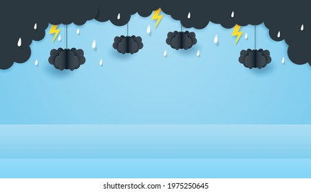 Rainy season theme product display podium. Design with clouds and raining drops on blue sky background. paper art style. vector.