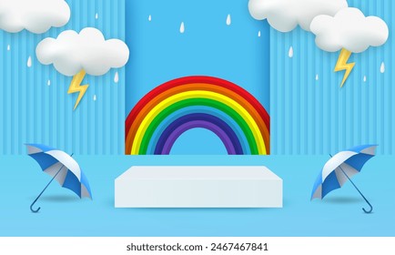 Rainy season theme product display podium. Design with clouds and rainbow on blue sky background. vector.