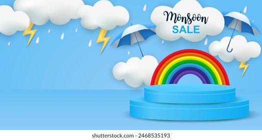 Rainy season theme product display podium. Design with clouds and rainbow on blue sky background. vector.