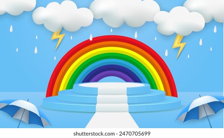 Rainy season theme product display podium. Design with clouds and rainbow on blue sky background. vector.