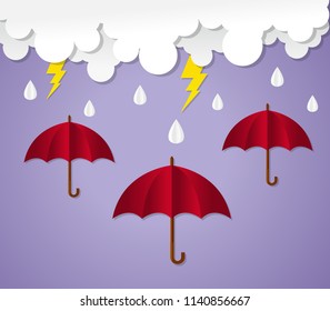 Rainy season. umbrella with raining. paper art vector illustration.