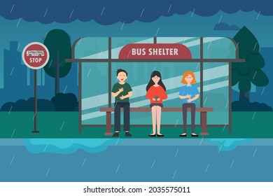 Rainy season vector concept: Group of people waiting the bus in rainy day while sitting in the shelter bus