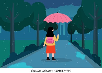 Rainy season vector concept: Schoolgirl walking in rainy day towards school while holding an umbrella