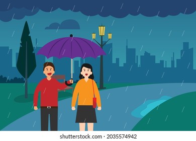 Rainy season vector concept: Young couple walking together in rainy day while holding an umbrella