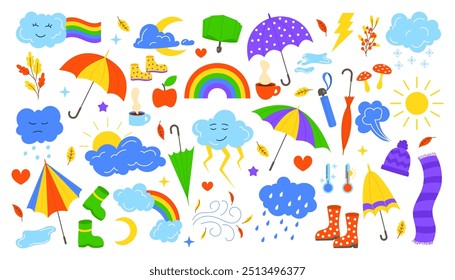 Rainy season. Weather sticker. Rain water drops. Monsoon and thunderstorm. Sky sun and rainbow. Flat umbrella under raindrops. Autumn boot in puddle. Cloud faces. Hat with scarf. Vector garish set