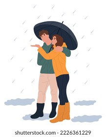 Rainy season. Young people are walking under an umbrella on a rainy autumn day. Flat vector illustration