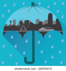 Rainy Seattle Skyline Silhouette In Umbrella Shape, Rain Drops Blue Background