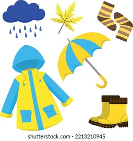 Rainy set with clothes, vector illustration.