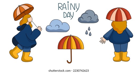 Rainy set: girl in raincoat and gumboots, clouds and umbrella. Vector illustration
