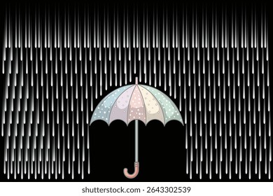 Rainy sky with cartoon umbrella, flat pastel vector illustration for children’s weather content, nursery artwork, and seamless print design
