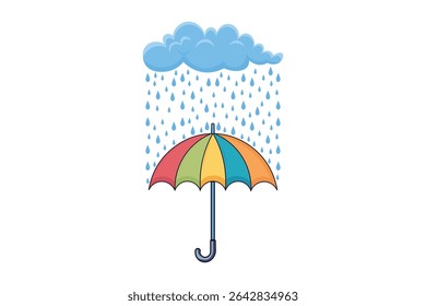 Rainy sky with umbrella in cartoon flat vector design, pastel raindrops falling down, creative seamless illustration for kids art, fabric, and web use

