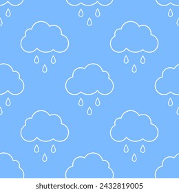 Rainy sky, white clouds and rain drops on blue background. Vector seamless pattern. Best for textile, wallpapers, wrapping paper, package and your design.