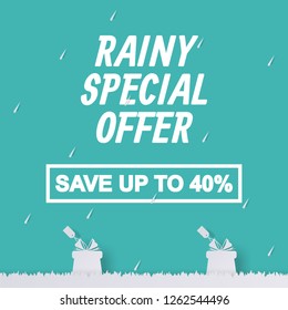 Rainy special offer. Monsoon Season Sale Discount Banner, poster, flyer template. save up to 40%. blue pastel color background. paper cut art style design with white raining drops, gifts and grass