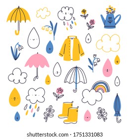 Rainy spring weather  cute vector characters set