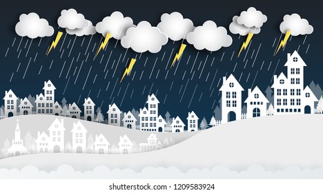 Rainy storm in the city. blue background