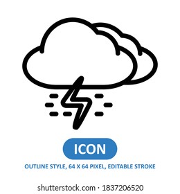 rainy storm line style vector icon on white background. weather vector illustration. Editable Stroke. 64 x 64 pixels. Simple modern design.