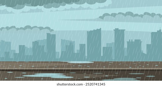 Plano de fundo da rua chuvosa. Chove na cidade. Tempestade de outono ou primavera na paisagem urbana. Rua urbana ao ar livre em chuva, pavimento em poças, céu com nuvens. Ilustração de vetor de desenhos animados.