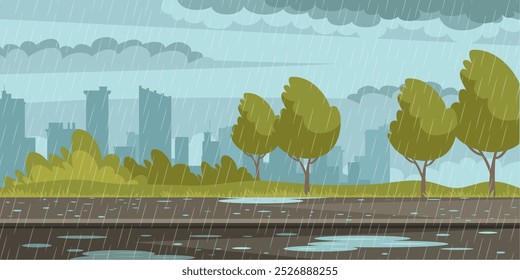 Plano de fundo da rua chuvosa. Chove na cidade. Tempestade de outono na paisagem urbana. Rua urbana ao ar livre em chuva, pavimento em poças, céu com nuvens. Ilustração de vetor de desenhos animados.