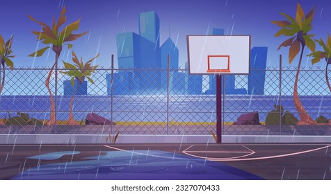 Rainy street basketball court and cityscape skyline. Outdoor playground for basket sport game near sea shore cartoon vector background. Empty school team arena stadium coast with skyscraper view