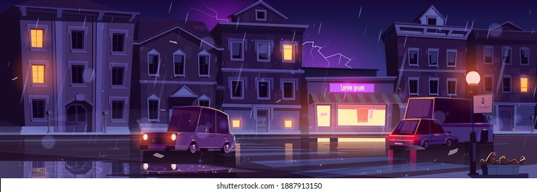 Rainy street, wet weather in night town with cars going along illuminated road with lampposts and crossroad, water puddles and flash lightning in dark sky above buildings, cartoon vector illustration