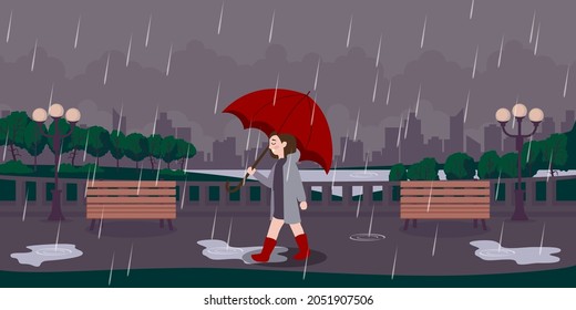 Rainy summer day in the park. Vector illustration of rain in a public park on the background of city buildings, a girl, paths, benches and street lamps.