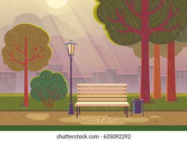 Rainy summer day in the park. Vector illustration of raining in city park with town building background, path, bench and street lamp.