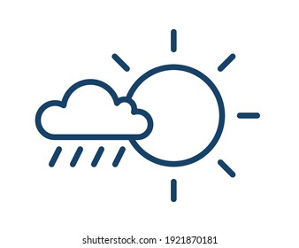 Rainy and sunny weather icon in line art style with sun and cloud with raindrops. Partly sunny with rain. Linear flat vector illustration isolated on white background