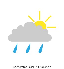 RAINY symbol. CLOUD, SUN and RAIN DROPS. Weather forecast icon. Vector.