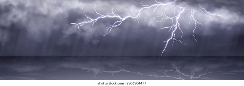 Lluvia tormenta eléctrica vectorial relámpago en el cielo. El tiempo y el trueno de la tormenta nublada en otoño. Energía de la naturaleza de flash eléctrico y paisaje panorámico de huracanes para el paisaje de la imagen de horror