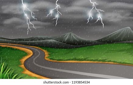 Rainy thunderstorms at night illustration